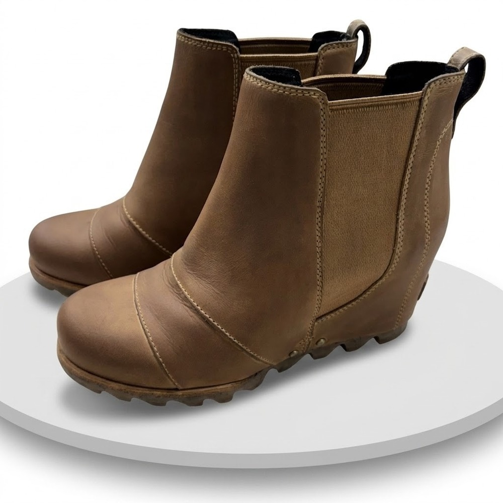 Women's 7 M Sorel Lea Wedge Elk Brown Leather Ankle Boots Waterproof Chelsea